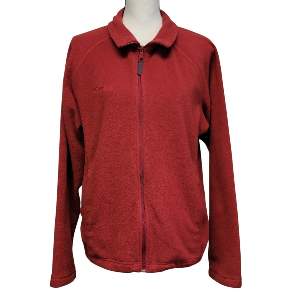 Columbia Red Fleece Jacket Womens L Full Zip Drawstring Waist Mock Neck Active